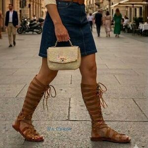 Free People Tall Gladiator Sandals Tan Suede Lace-Up Knee High Boho 8 NWB